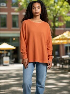 Free People Waffle Knit Oversized Lounge Top Women’s Coral Peach Boho Comfy